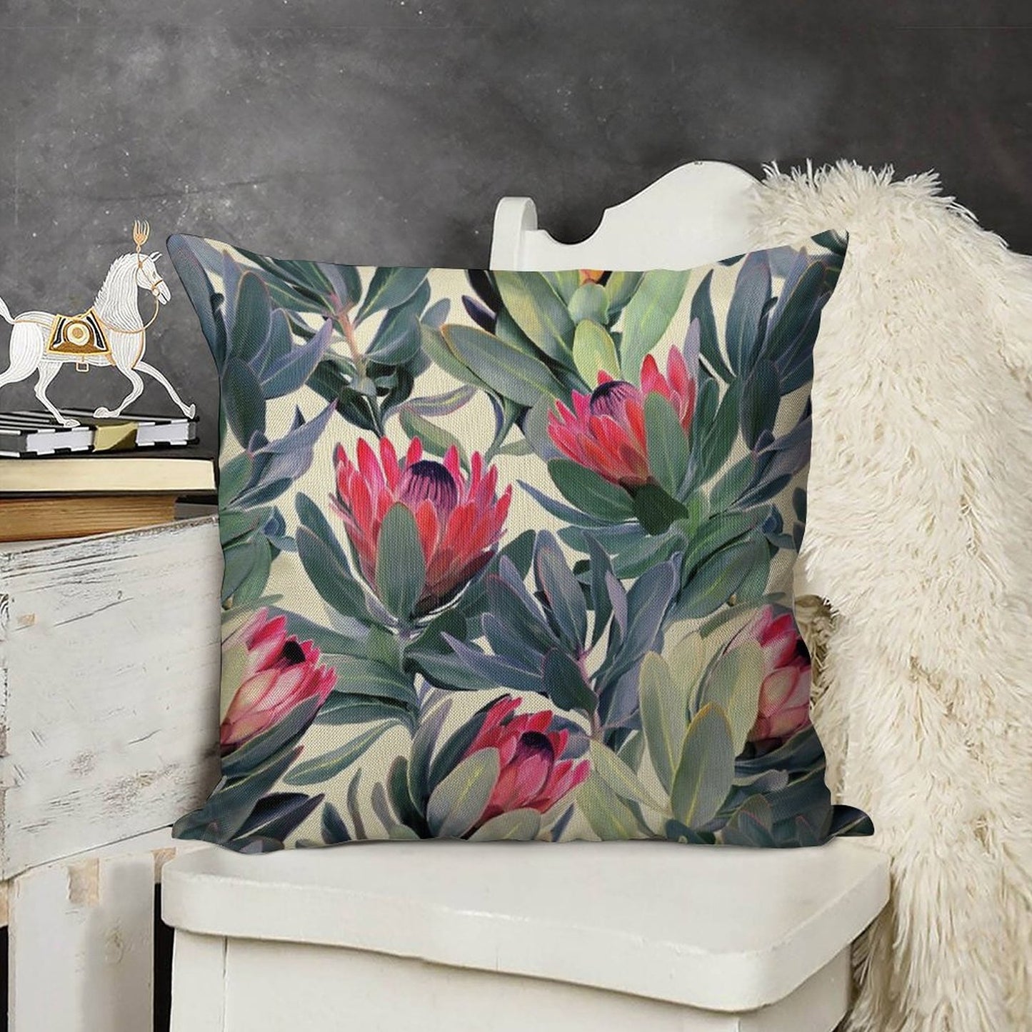 Painted Protea Pattern Linen Throw Pillow Cover