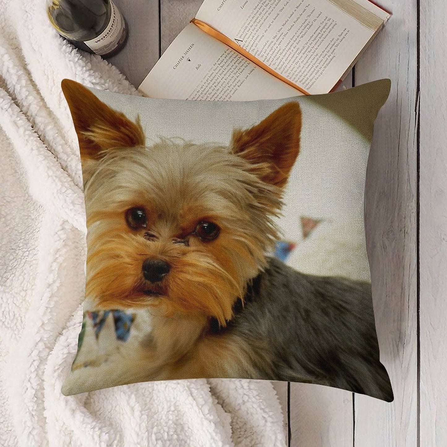 Yorkie in Bed Linen Throw Pillow Cover