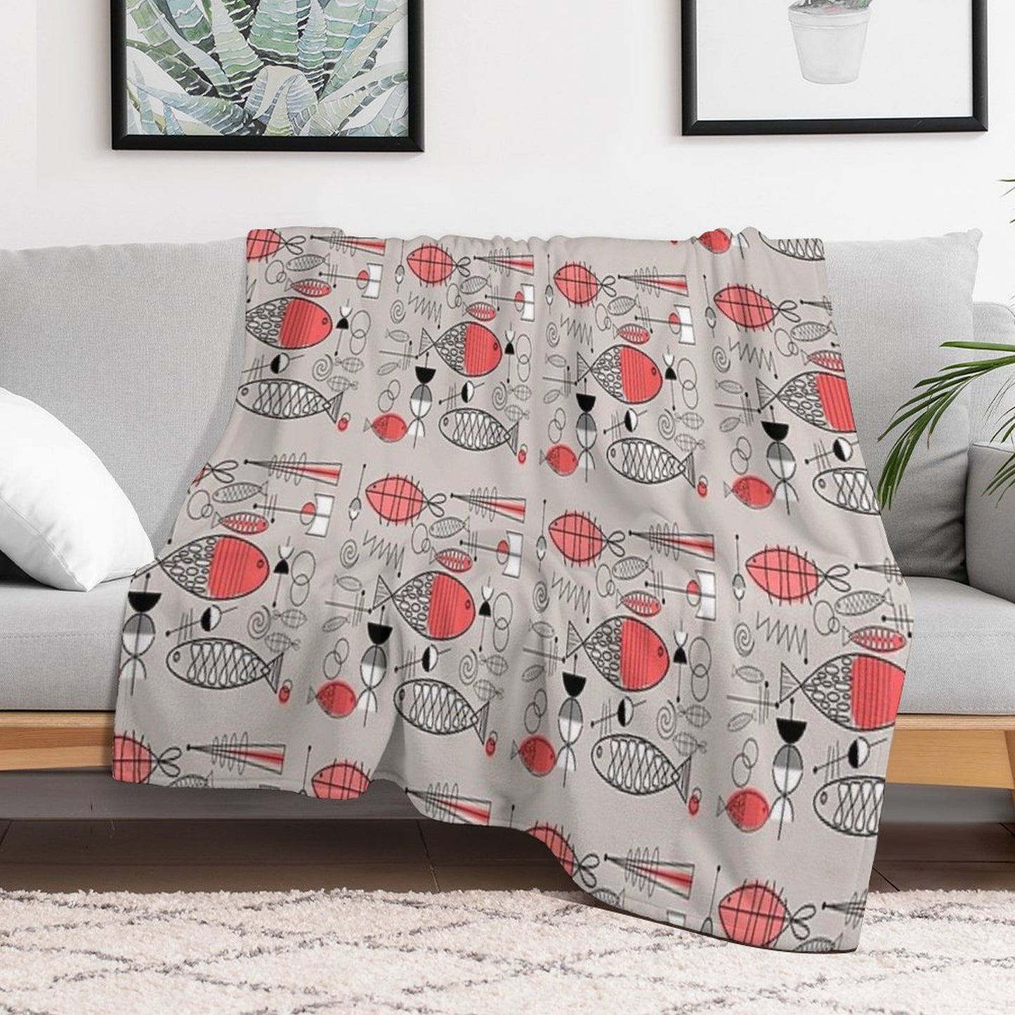Mid-Century Fish Salmon Pink Throw Blanket