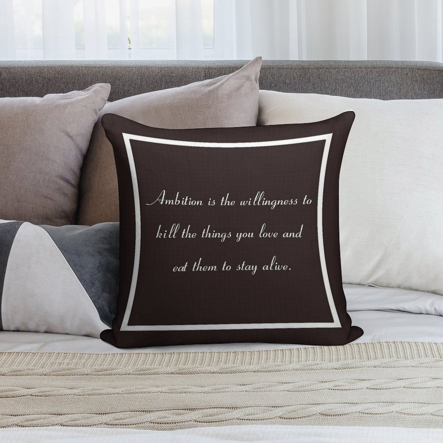 30 Rock Inspired Brown TV Show Jack Donaghy Quote, Ambition Soft Gift Ready Throw Pillow