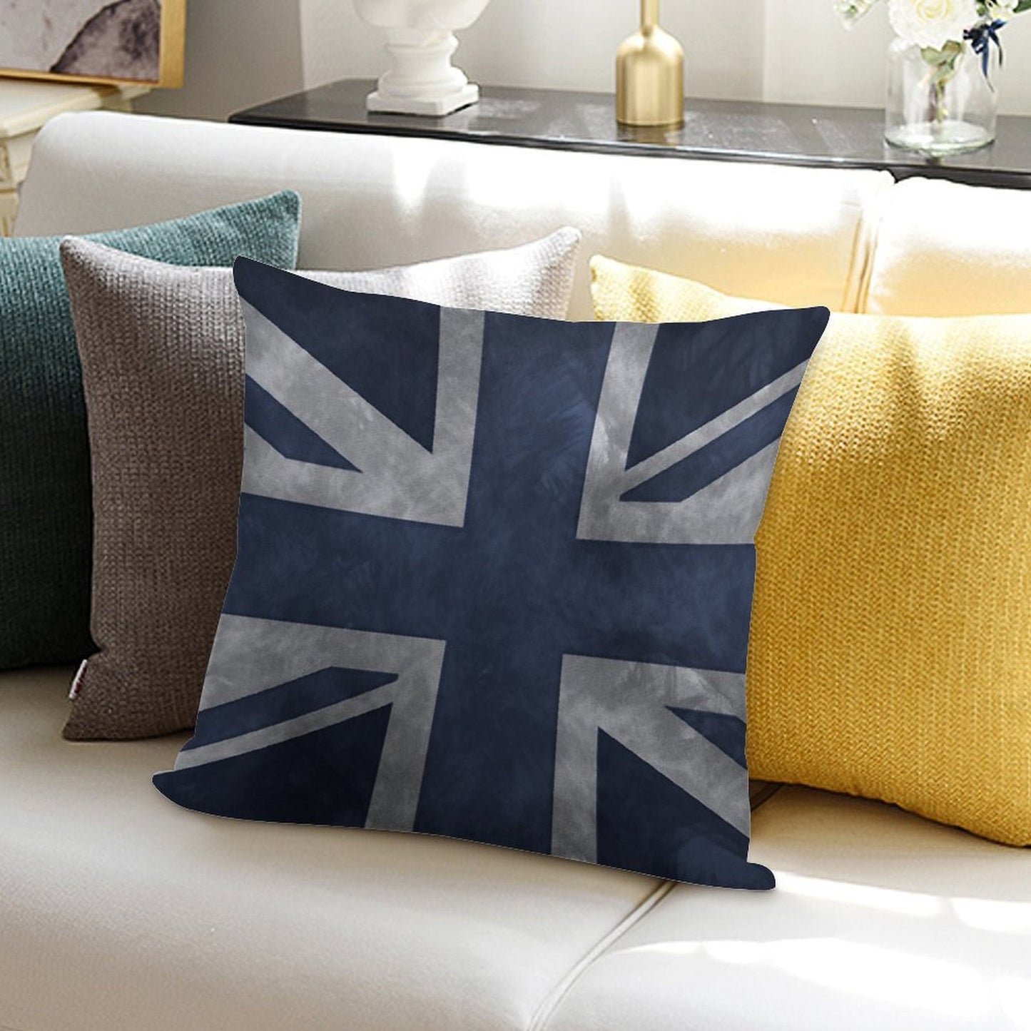 Blue Distressed Union Jack Soft Hidden Zipper Throw Pillow