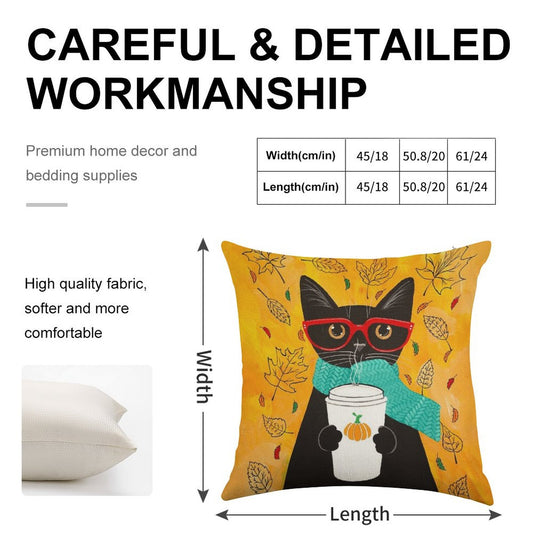 Autumn Pumpkin Coffee Cat Linen Throw Pillow Cover