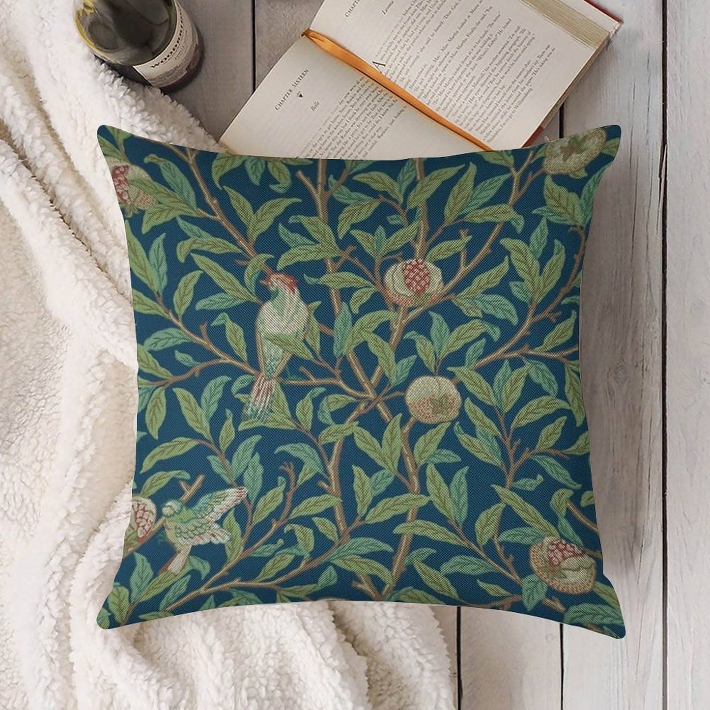 William Morris Pomegranate Fruit And Bird,No,01. Linen Throw Pillow Cover