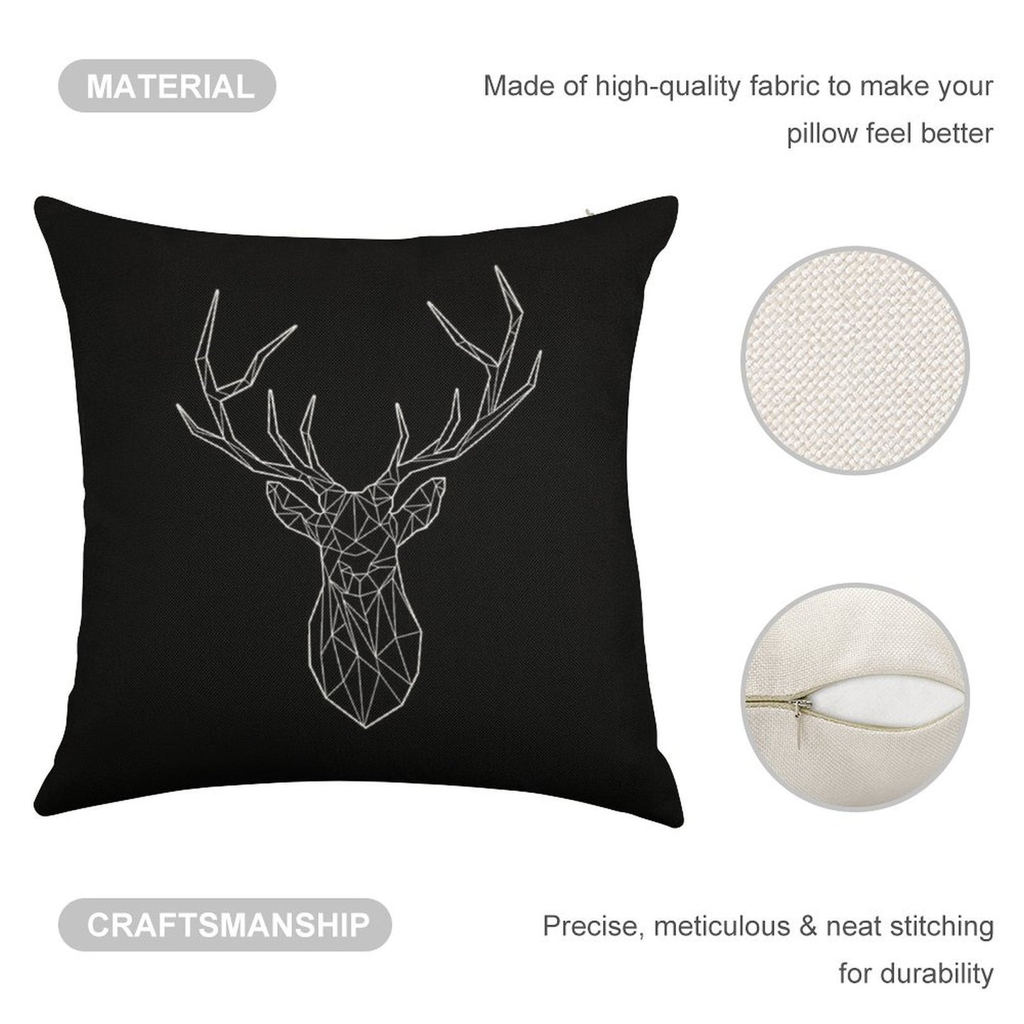 Geometric Stag - BLACK Linen Throw Pillow Cover