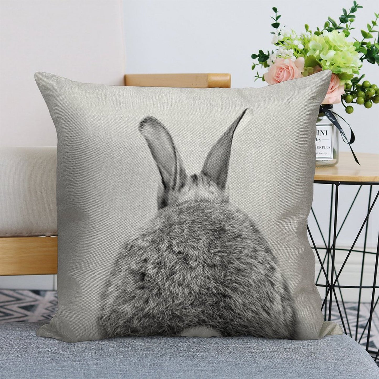 Rabbit Tail - Black & White Linen Throw Pillow Cover