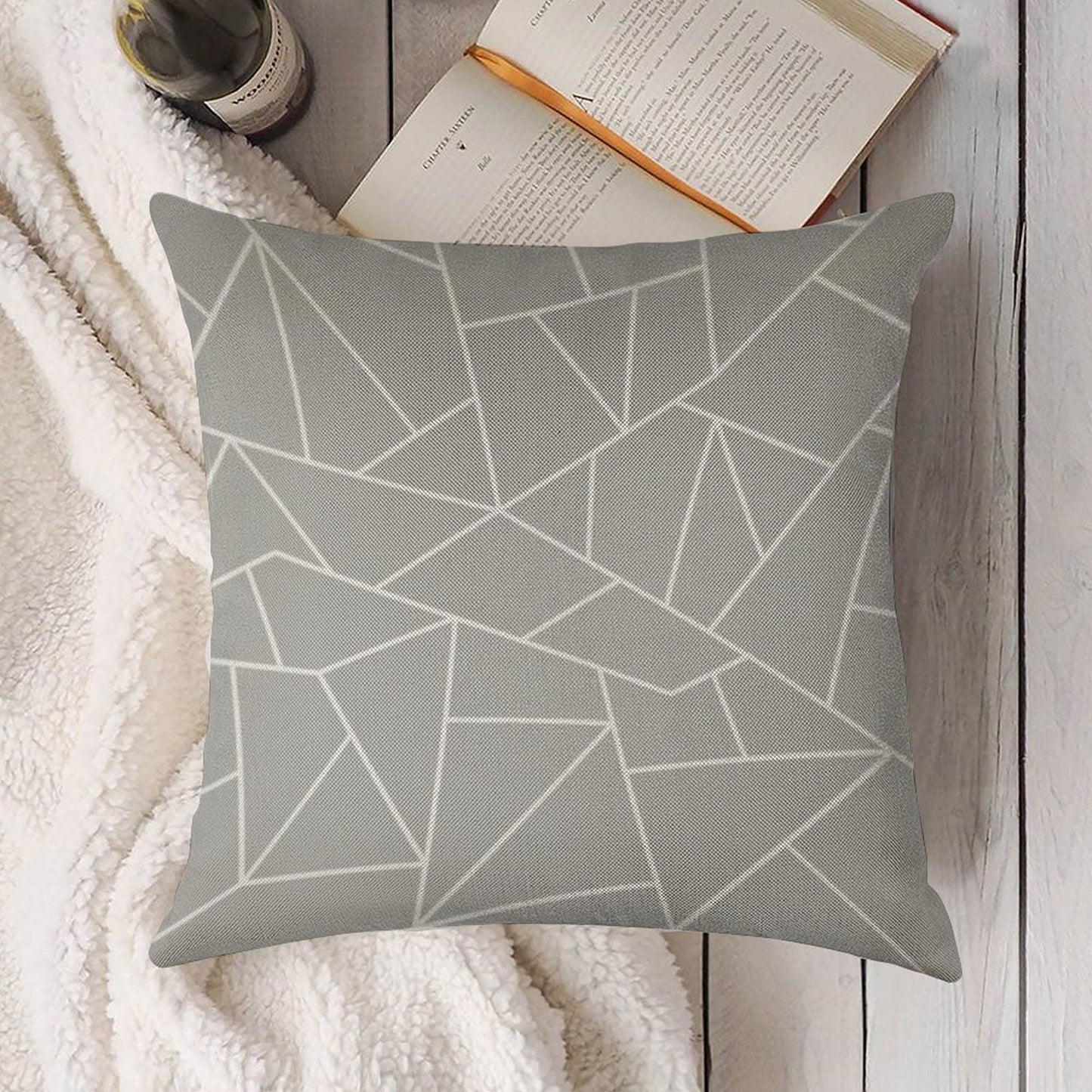 White Mosaic Lines On Silver Gray Linen Throw Pillow Cover