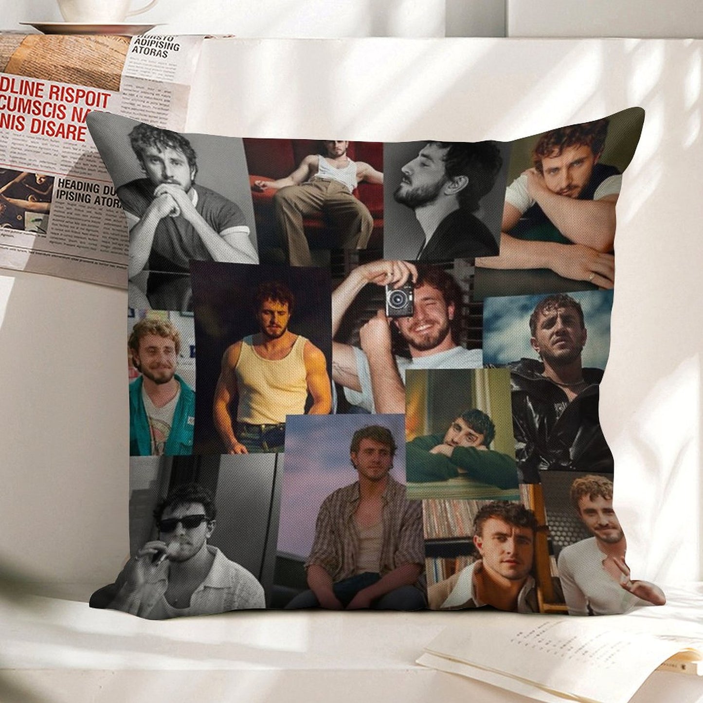 Paul Mescal Collage Linen Throw Pillow Cover
