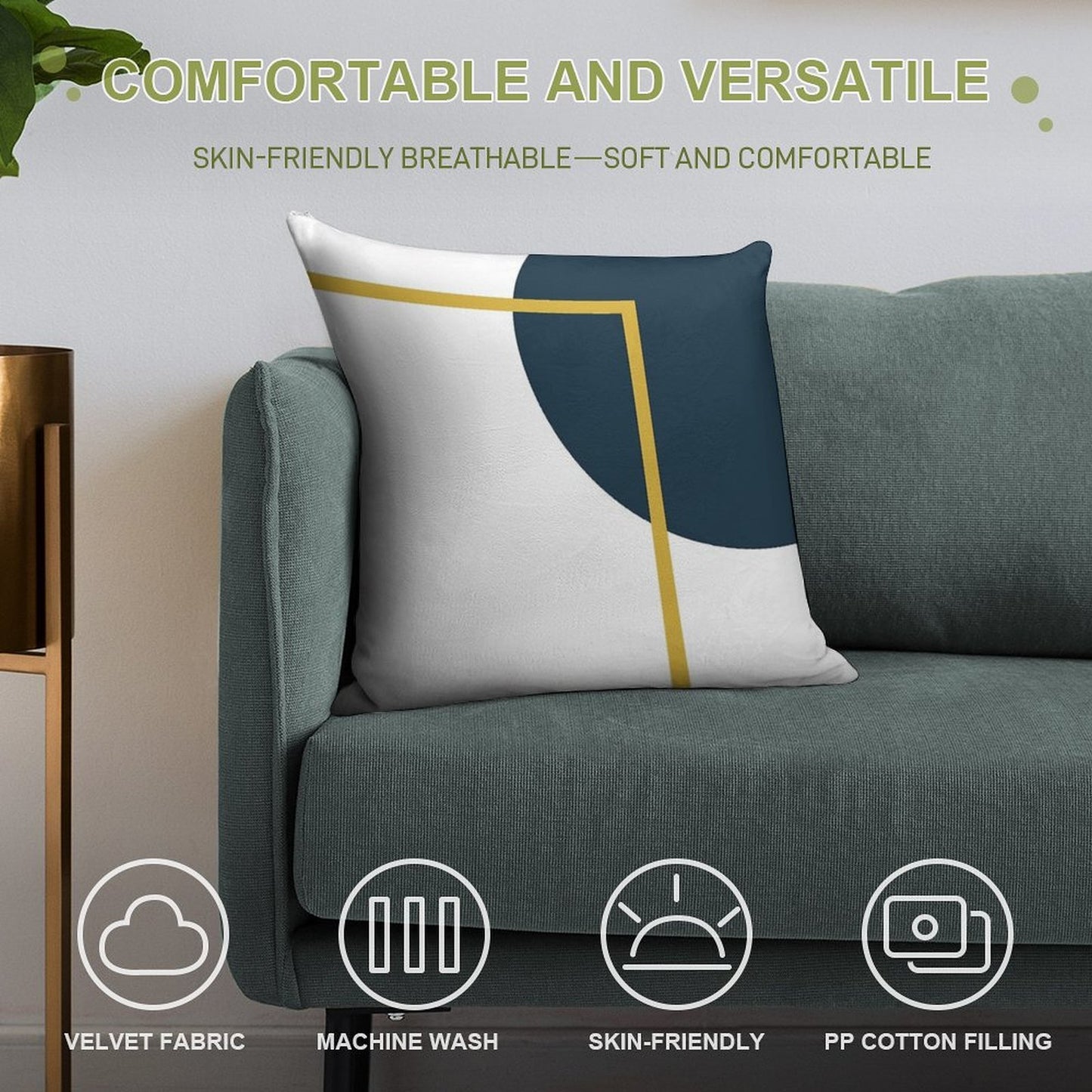 Abstract Geometric Minimalist Navy Blue, Light Mustard Yellow, And White Soft Easy Maintenance Throw Pillow
