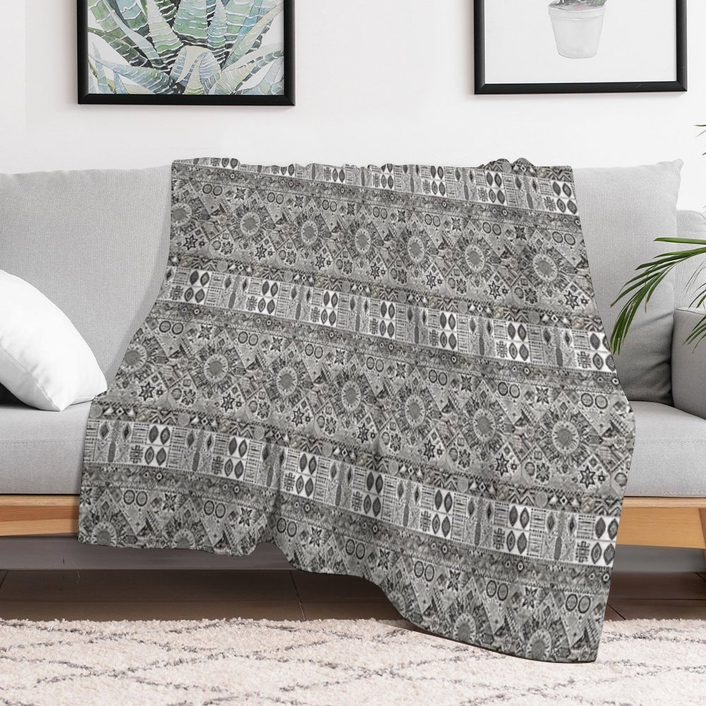 Geometric Tribal Pattern Detailed Monochromatic Art Throw Blanket