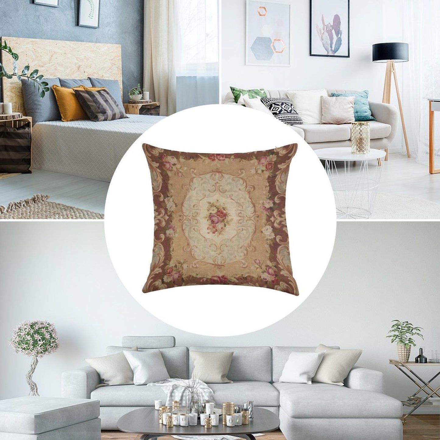 Antique Rose Floral French Aubusson Rug Print Linen Throw Pillow Cover