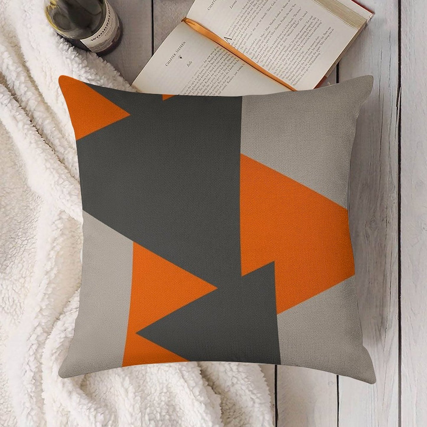 Orange And Grey Triangles Linen Throw Pillow Cover