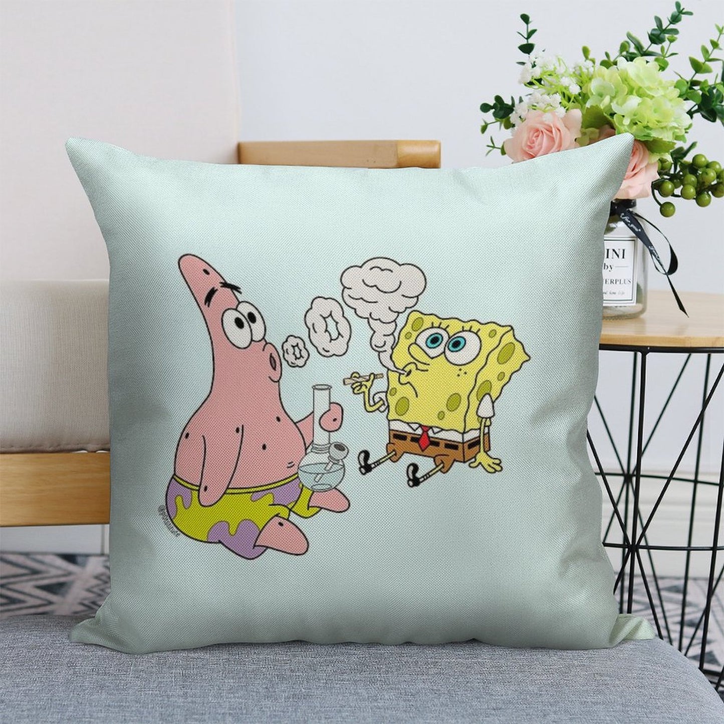 Spongebob And Patrick Smoking Weed Cannabis Cartoon Art Linen Throw Pillow Cover