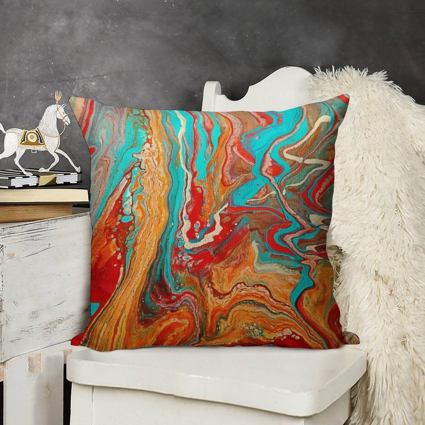Red Orange Teal Paint Pour Linen Throw Pillow Cover