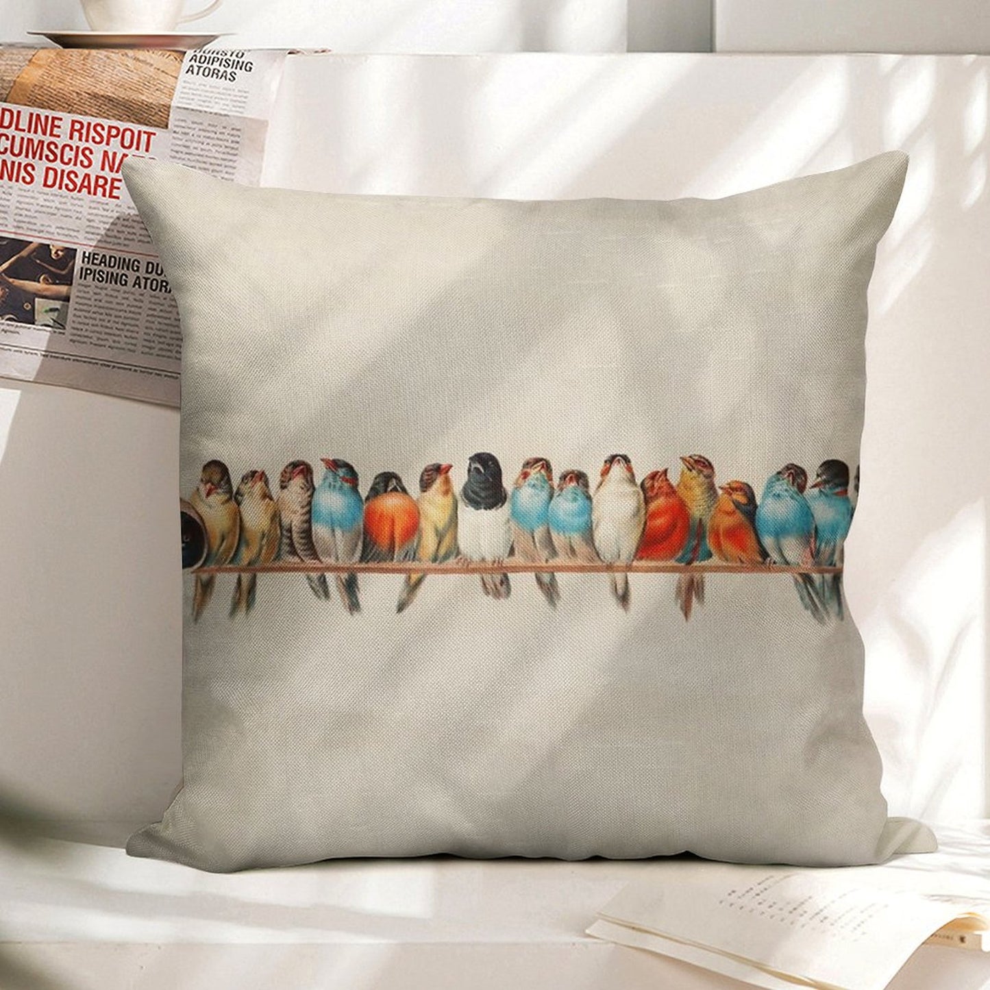 Vintage Birds Linen Throw Pillow Cover