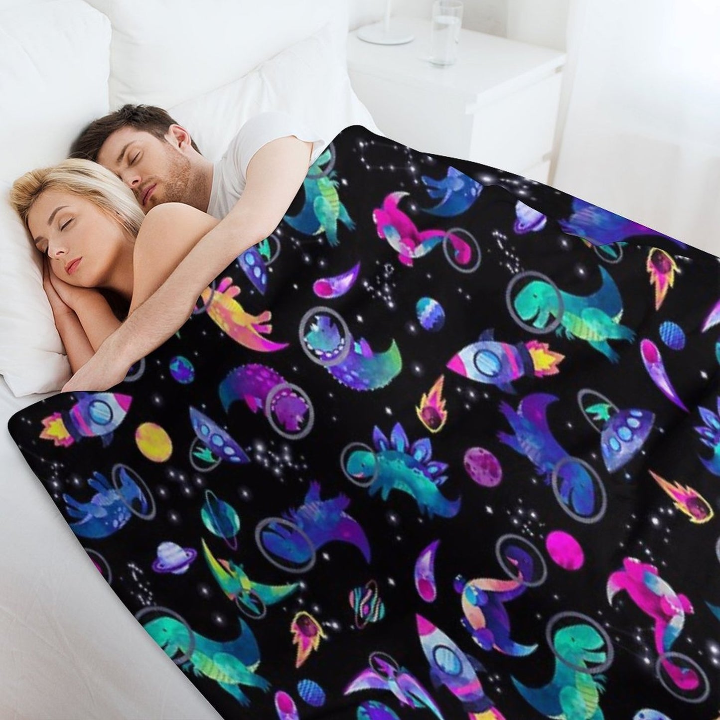 Space Dinosaur Astronauts Watercolor Pink Purple Pattern Throw Blanket