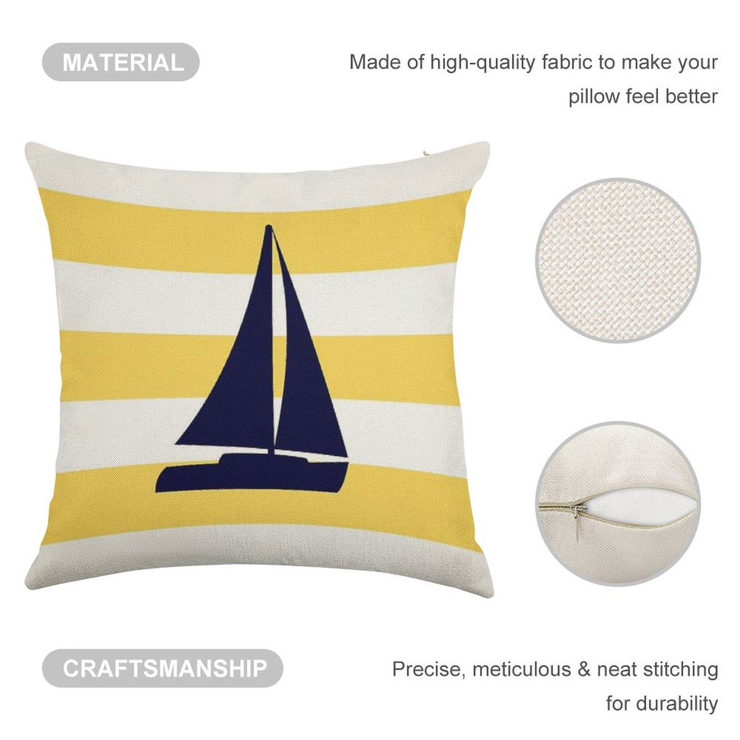 Nautical Navy Blue Sailboat On Mustard Yellow Stripes Linen Throw Pillow Cover
