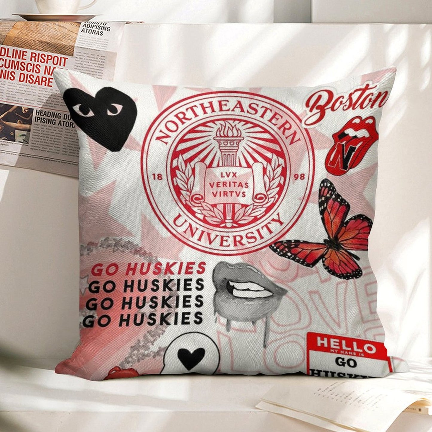 NORTHEASTERN COLLAGE Linen Throw Pillow Cover