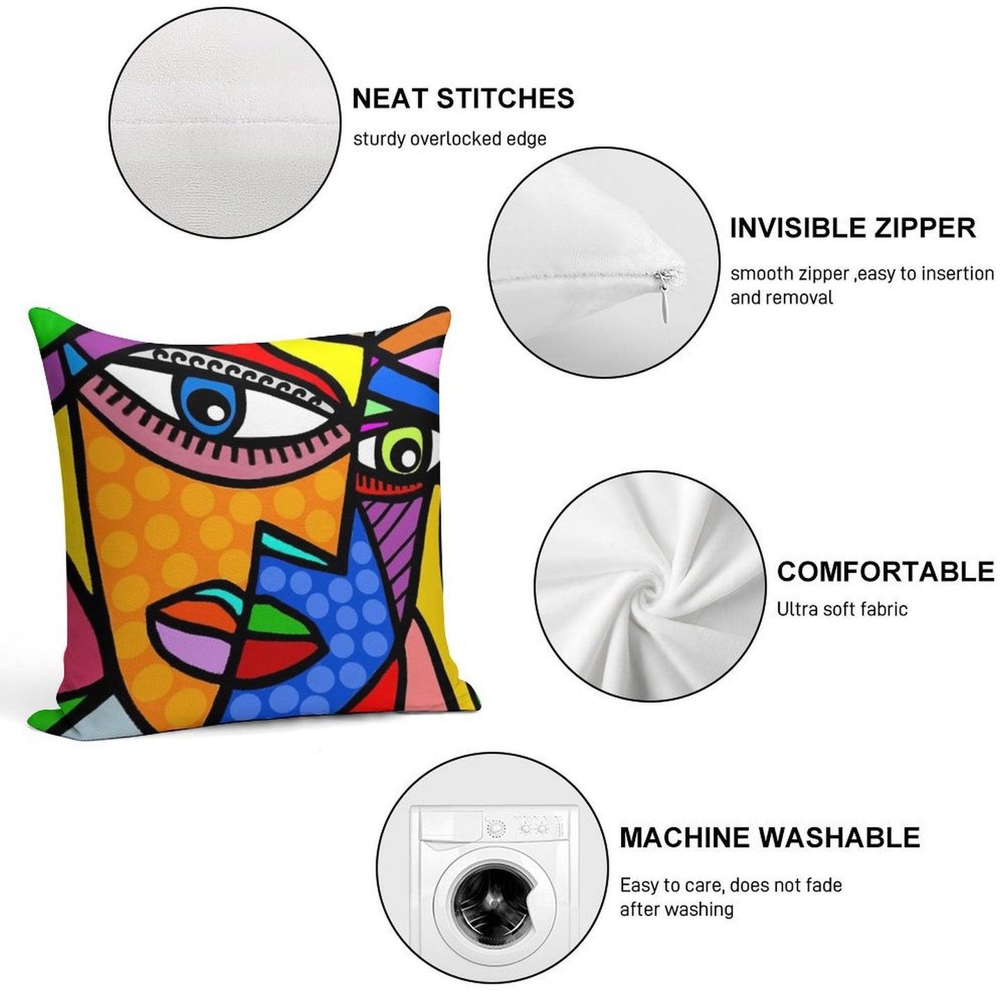 Funky Abstract Style Art Face with Dots And Stripes Soft Anti-Pilling Throw Pillow
