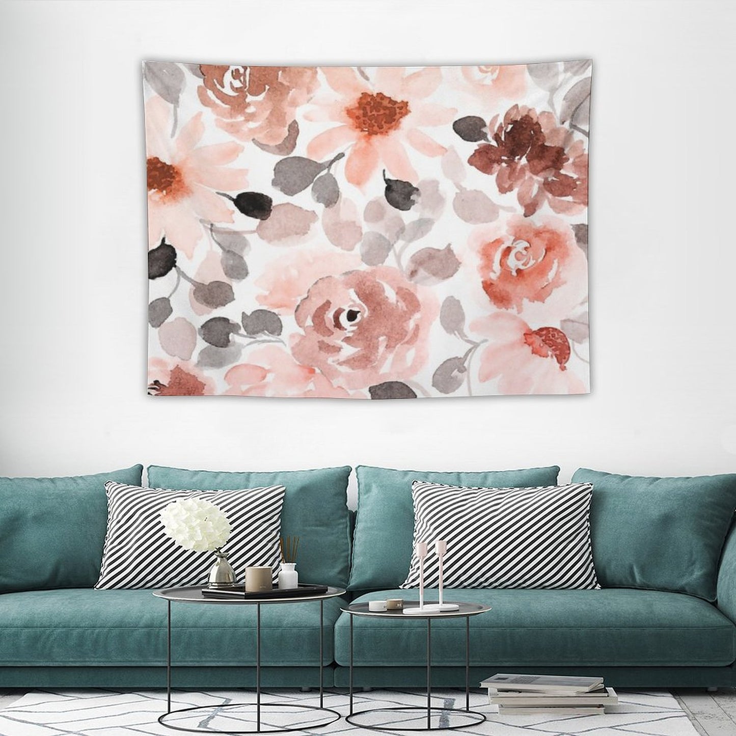 Floral, Watercolor, Soft, Pastel, Rose Gold, Blush Pink And Gray Tapestry