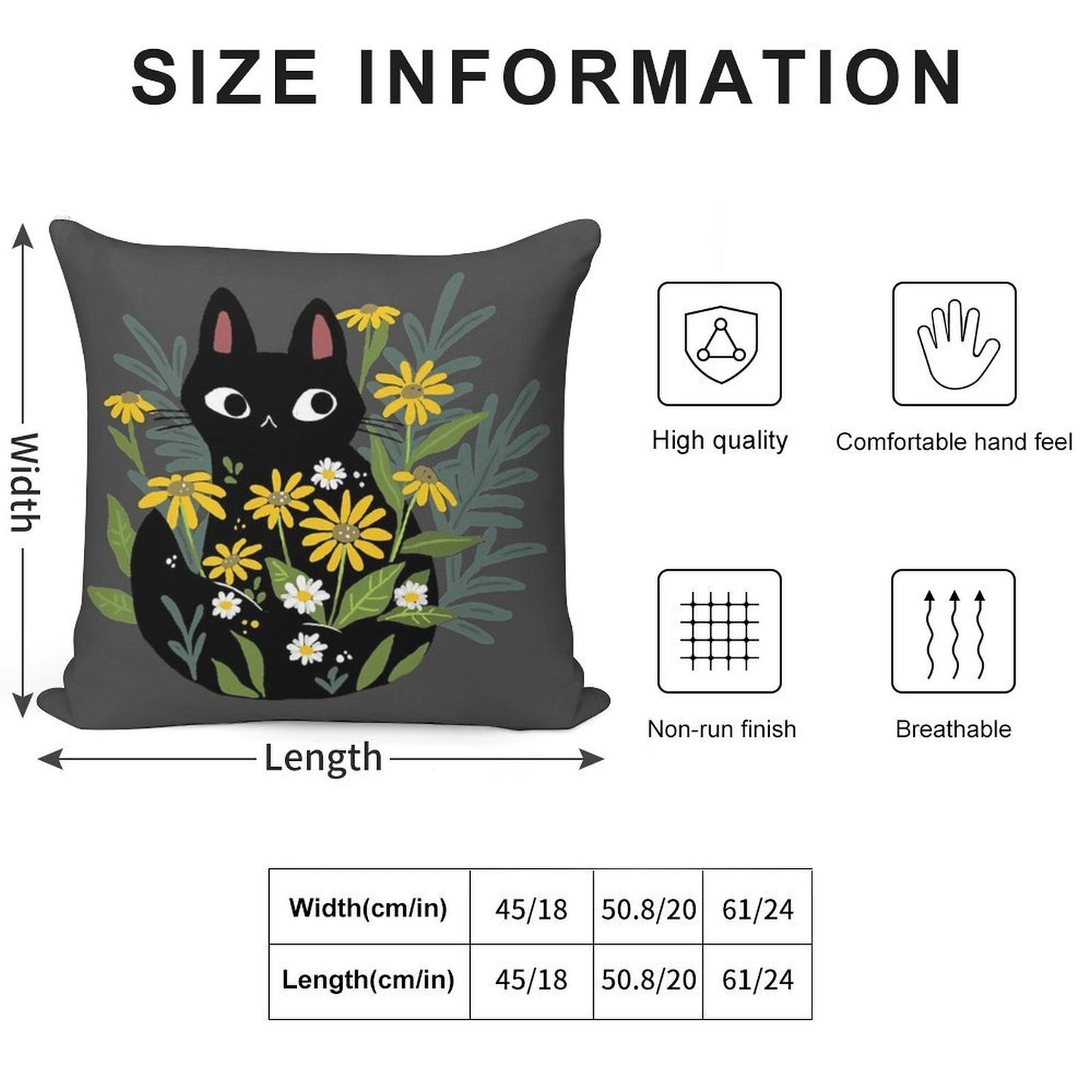 Black Cat with Flowers Soft Fade-Resistant Throw Pillow