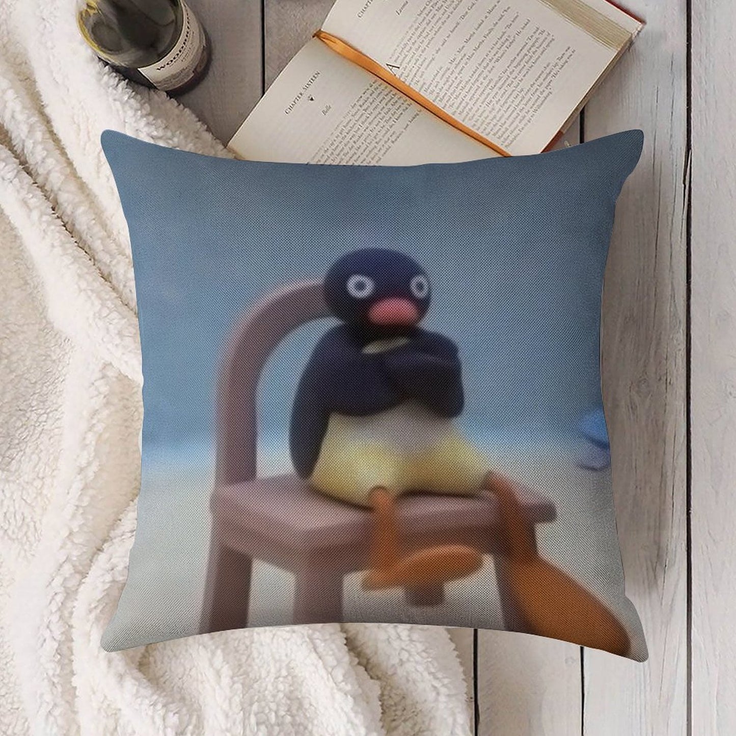 Angry Pingu Linen Throw Pillow Cover