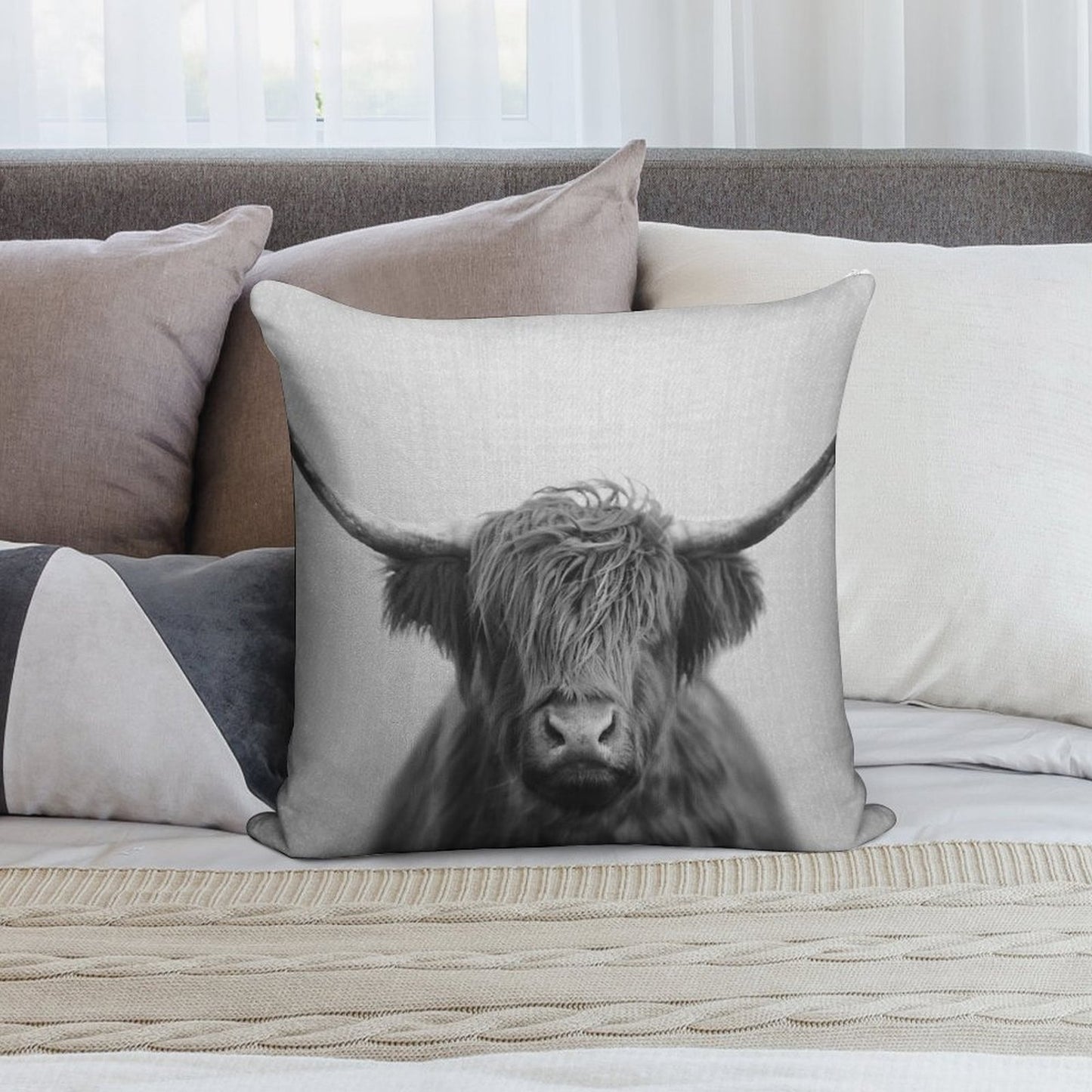 Highland Cow - Black & White Soft Ultra-Soft Texture Throw Pillow