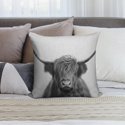 Highland Cow - Black & White Soft Ultra-Soft Texture Throw Pillow
