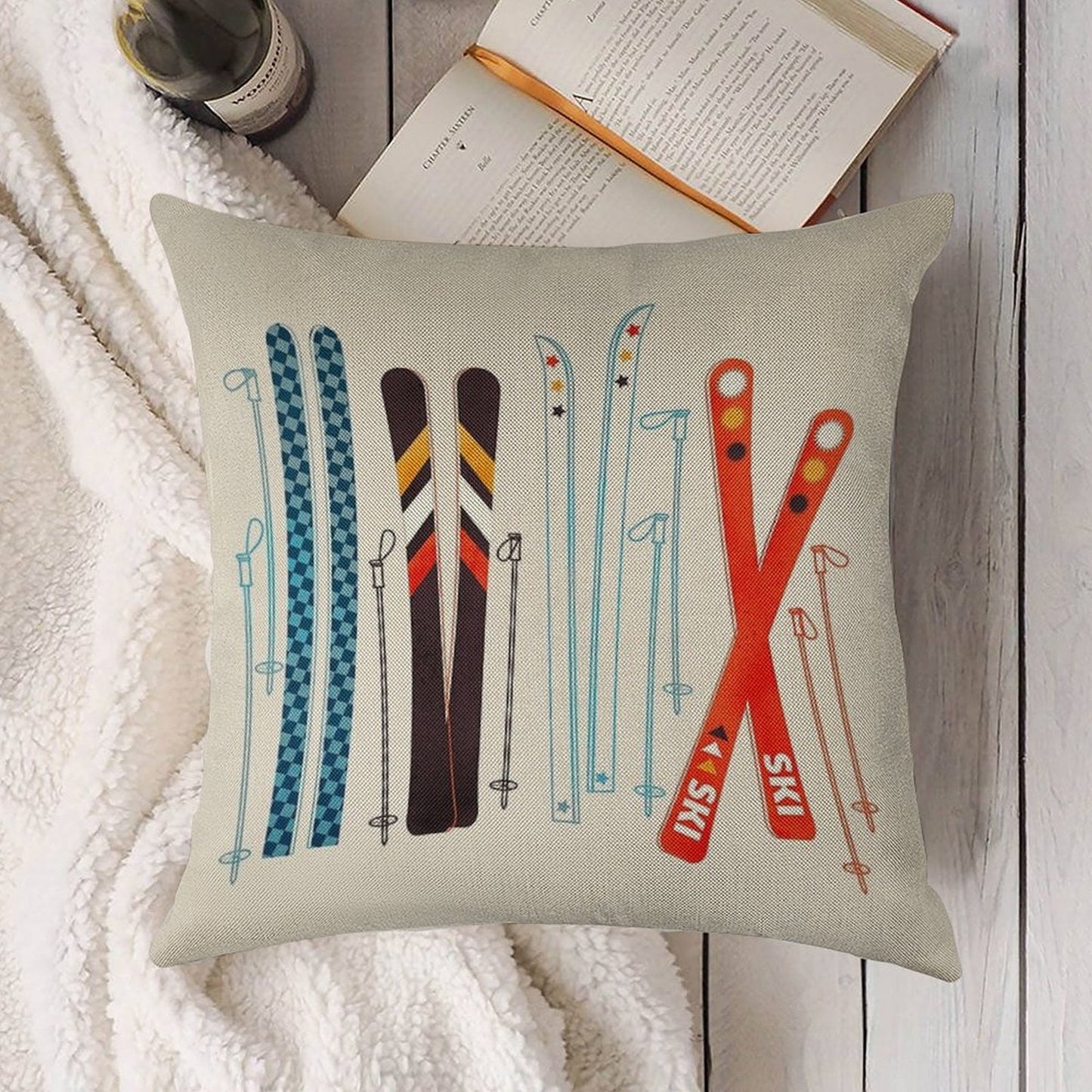 Colorful Retro Ski Illustration Linen Throw Pillow Cover