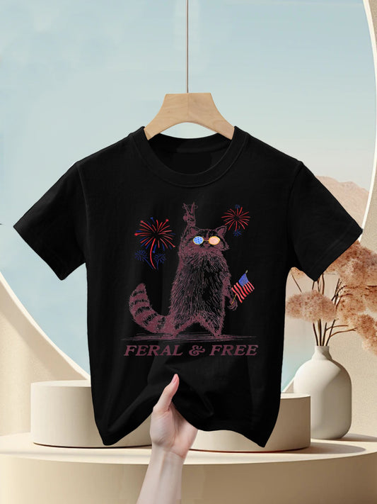Feral & Free Funny Patriotic Racoon Feral And Free 4th July Kids T-Shirt