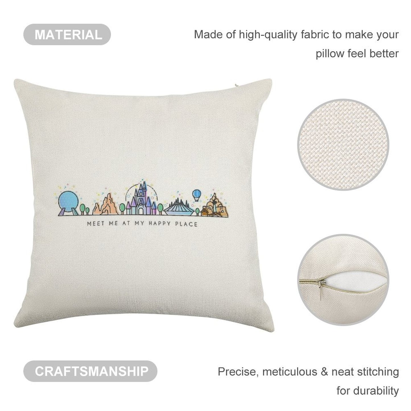 Meet Me at My Happy Place Vector Orlando Theme Park Illustration Design Linen Throw Pillow Cover