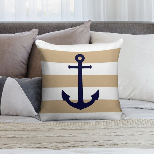 Nautical Navy Blue Anchor On Tropical Tan Stripes Soft Ultra-Soft Texture Throw Pillow