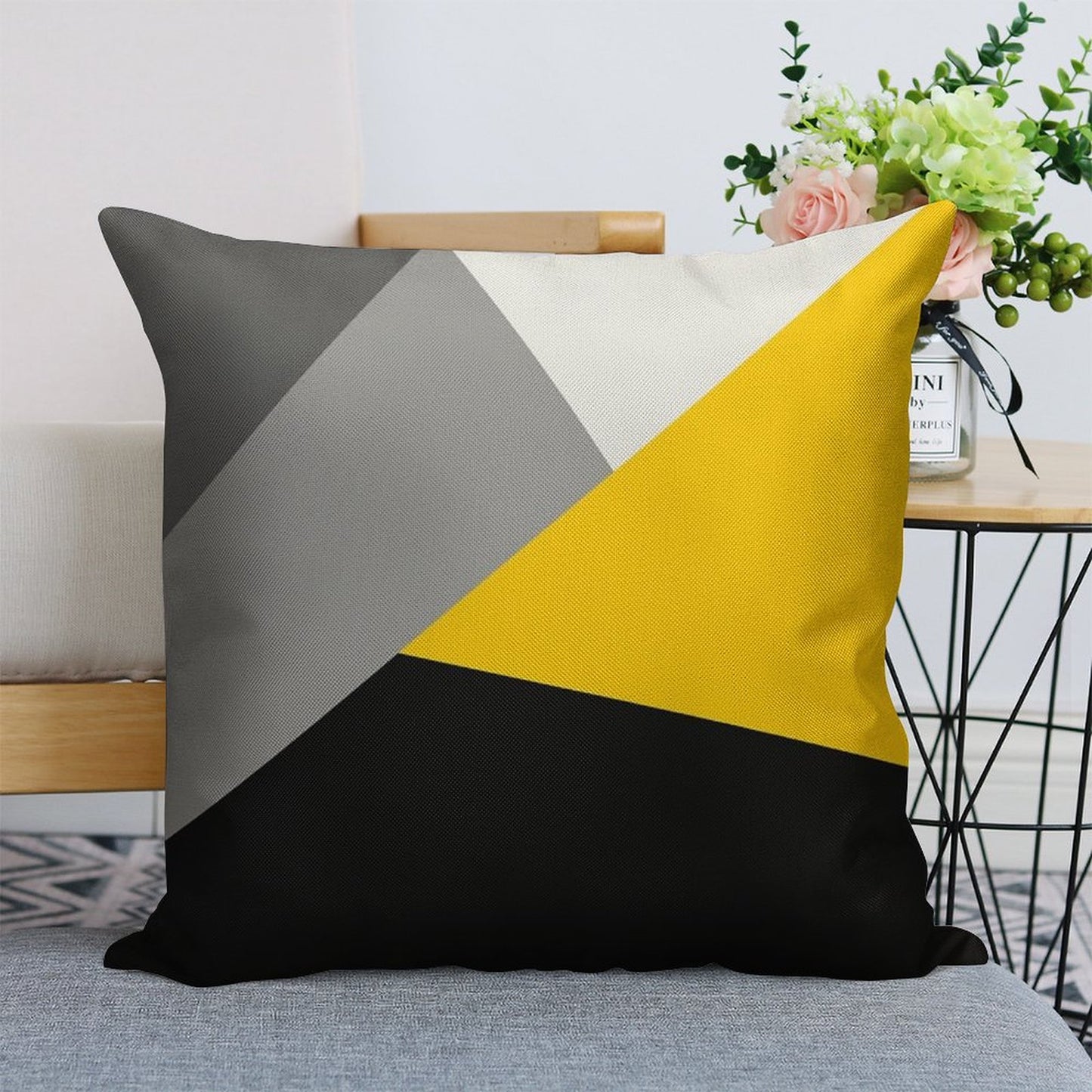 Simple Modern Gray Yellow And Black Geo Linen Throw Pillow Cover