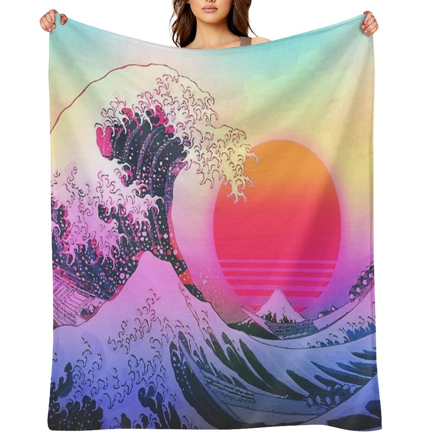 Great Wave Off Kanagawa Vaporwave Retro Aesthetic Throw Blanket