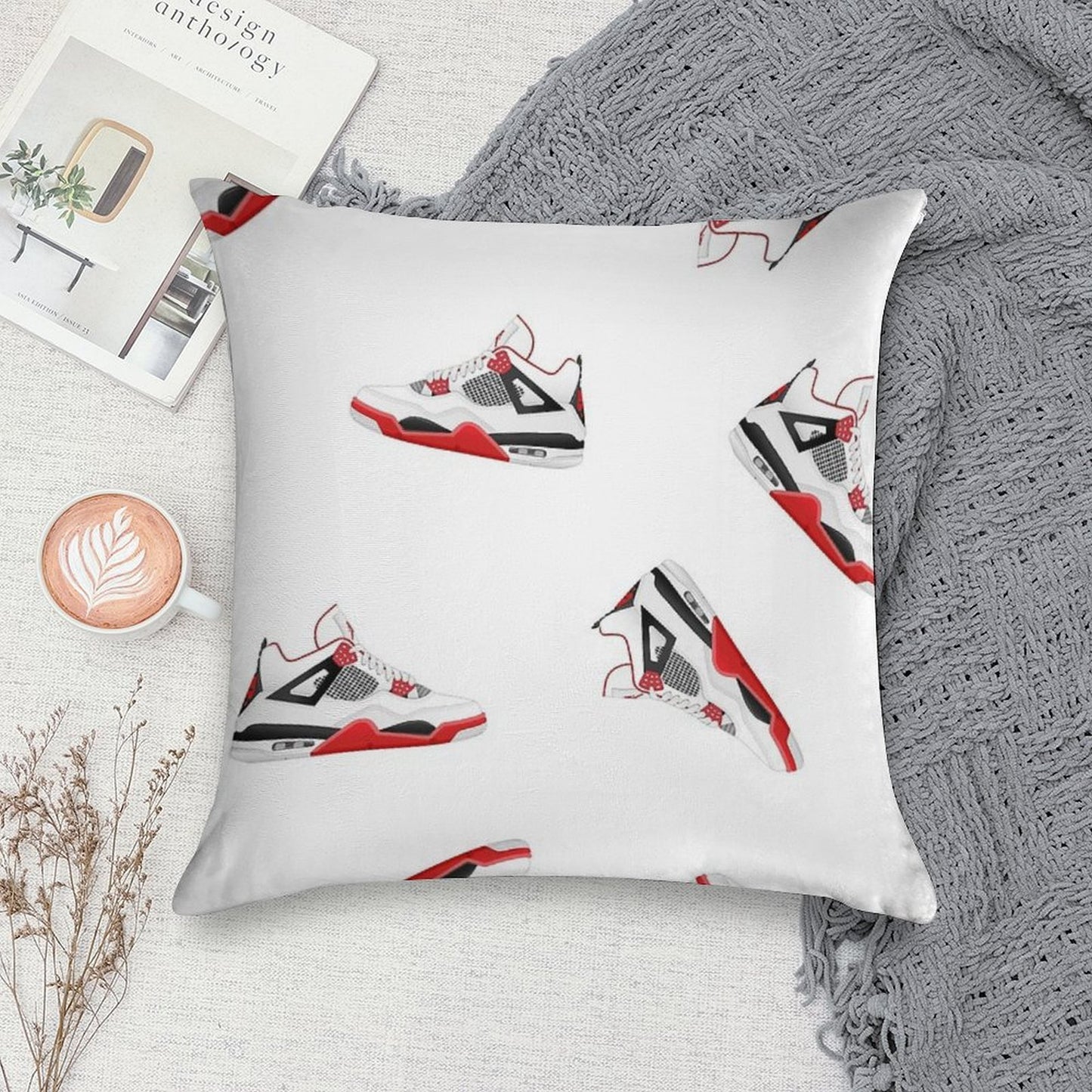 Jordan 4 X Fire Red Shoe Design Soft Durable Construction Throw Pillow