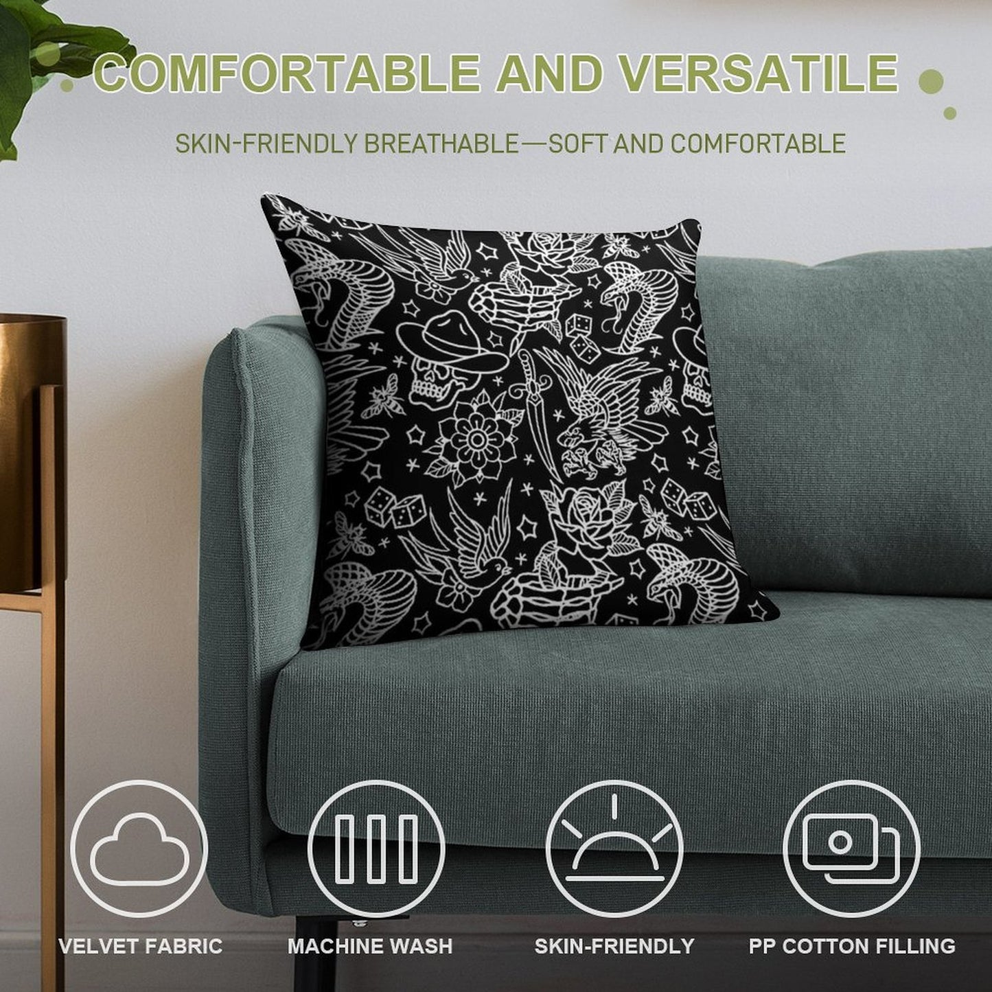 American Traditional Tattoo Flash Print Soft Reinforced Edging Throw Pillow