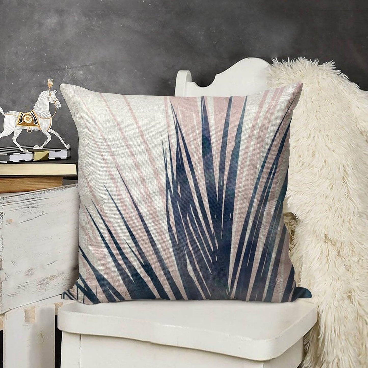 Contemporary Palm Leaf in Navy Blue And Blush Pink Linen Throw Pillow Cover