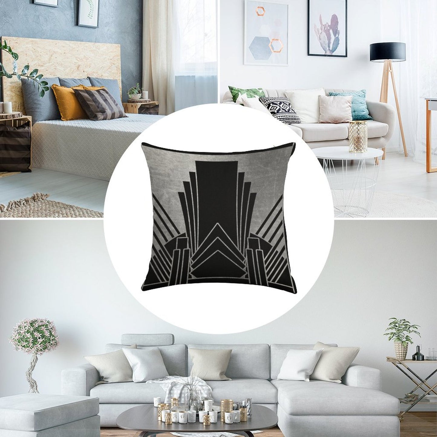 Silver Art Deco Design Linen Throw Pillow Cover