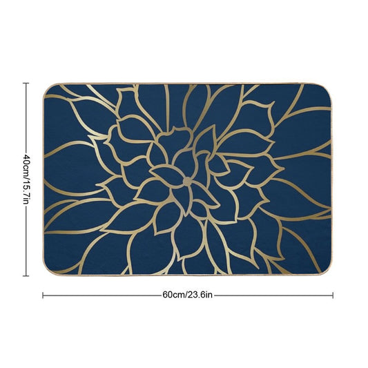 Floral Modern Print Art, Navy Blue And Gold Bath Mat