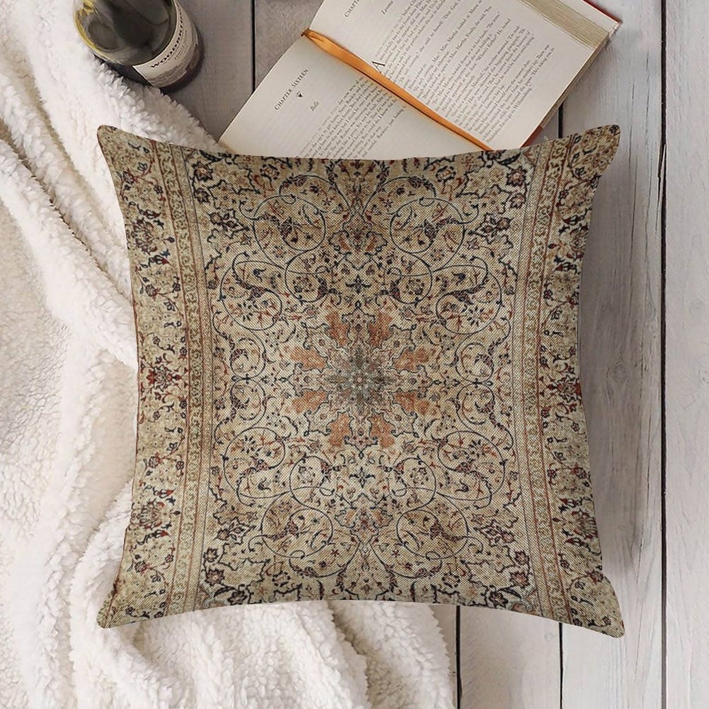 Silk Esfahan Persian Carpet Print Linen Throw Pillow Cover