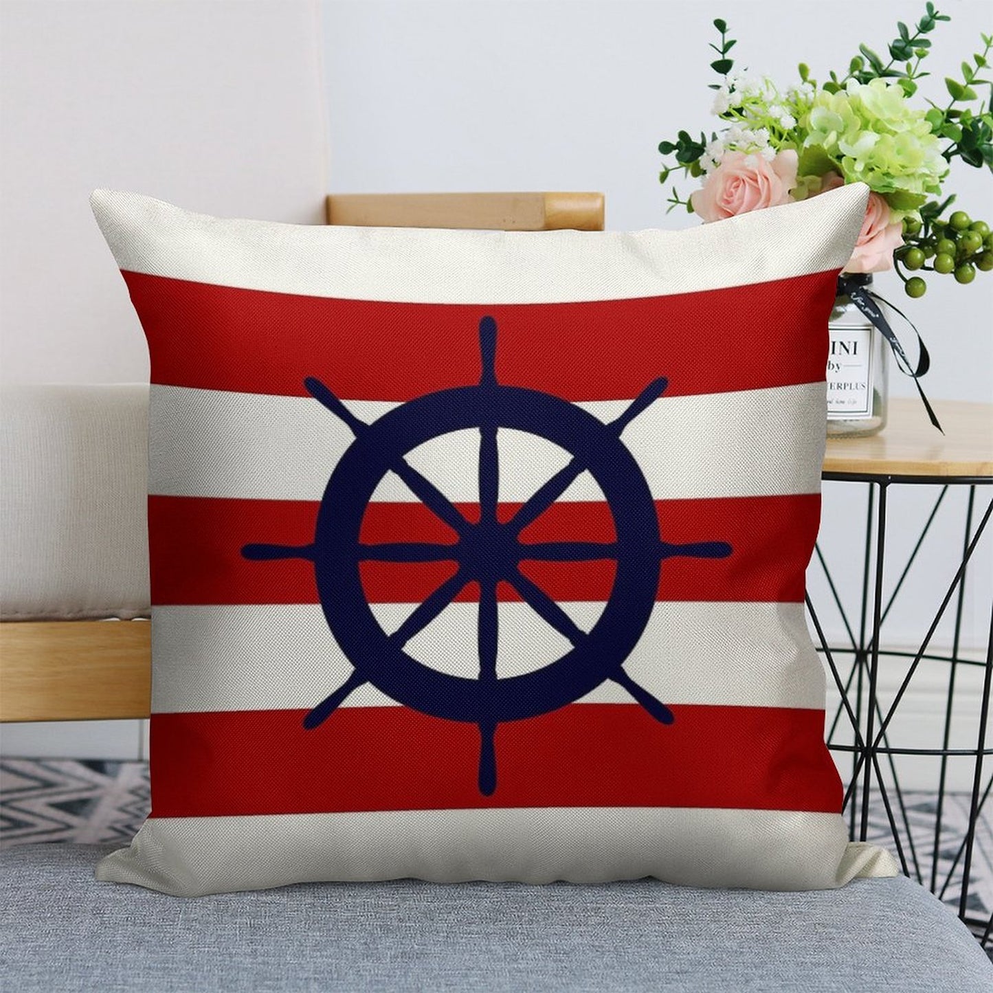 Nautical Navy Blue Ship's Steering Wheel On Red Stripes Linen Throw Pillow Cover