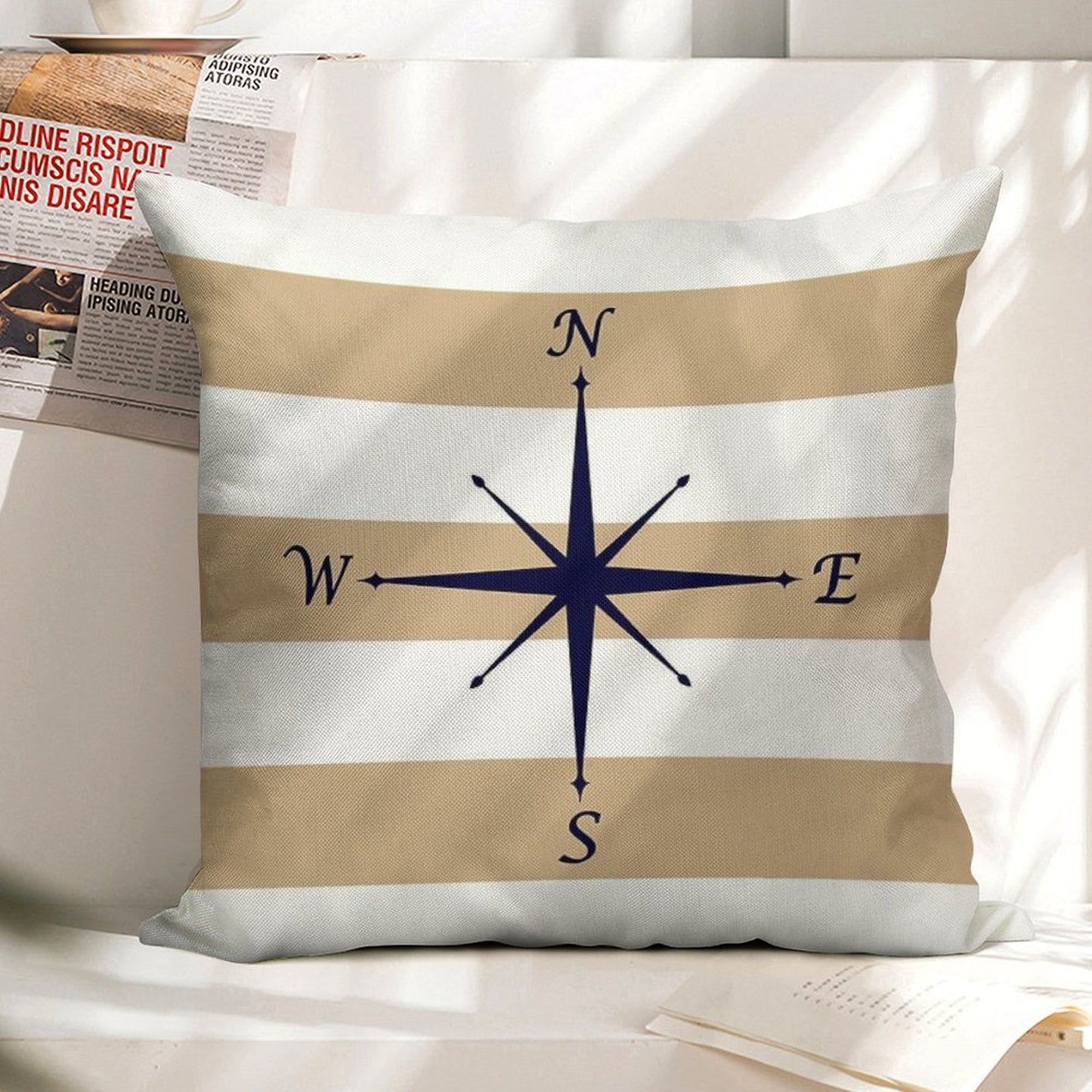 Nautical Navy Blue Compass On Tropical Tan And White Stripes Linen Throw Pillow Cover