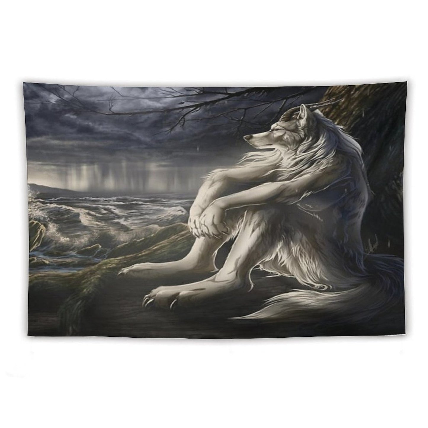 Emo White Wolf Sitting Sad Meme Tapestry