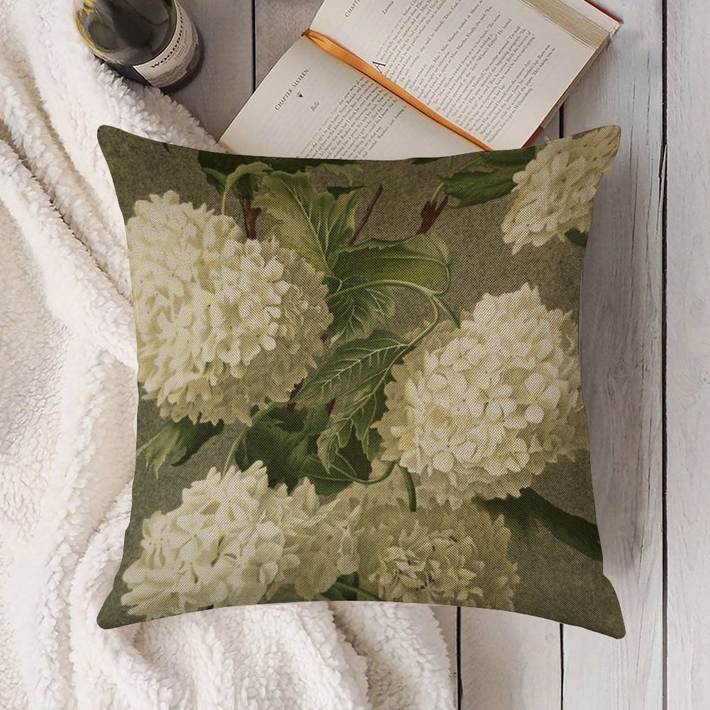 Vintage Victorian White Hydrangea Floral Linen Throw Pillow Cover