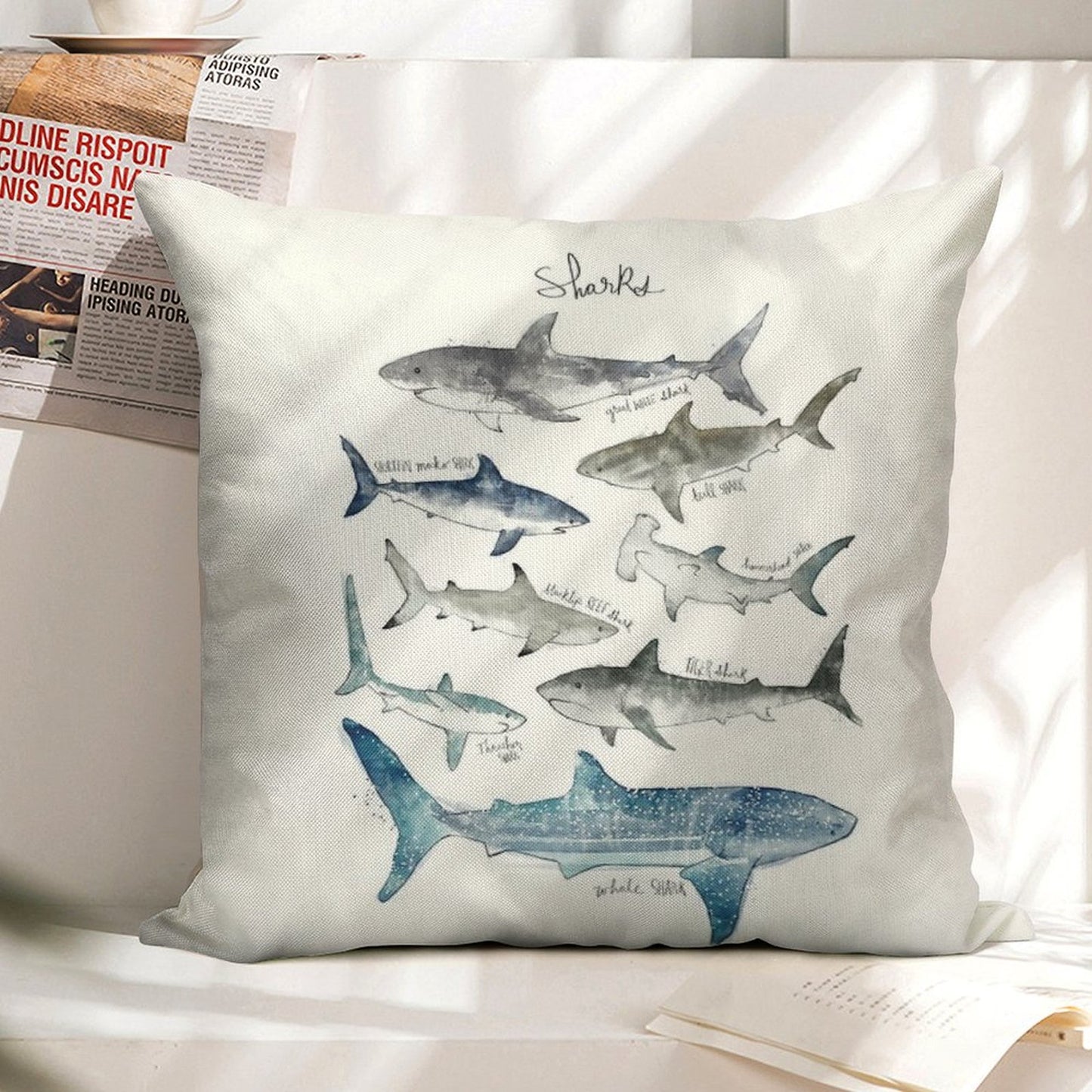 Sharks Linen Throw Pillow Cover