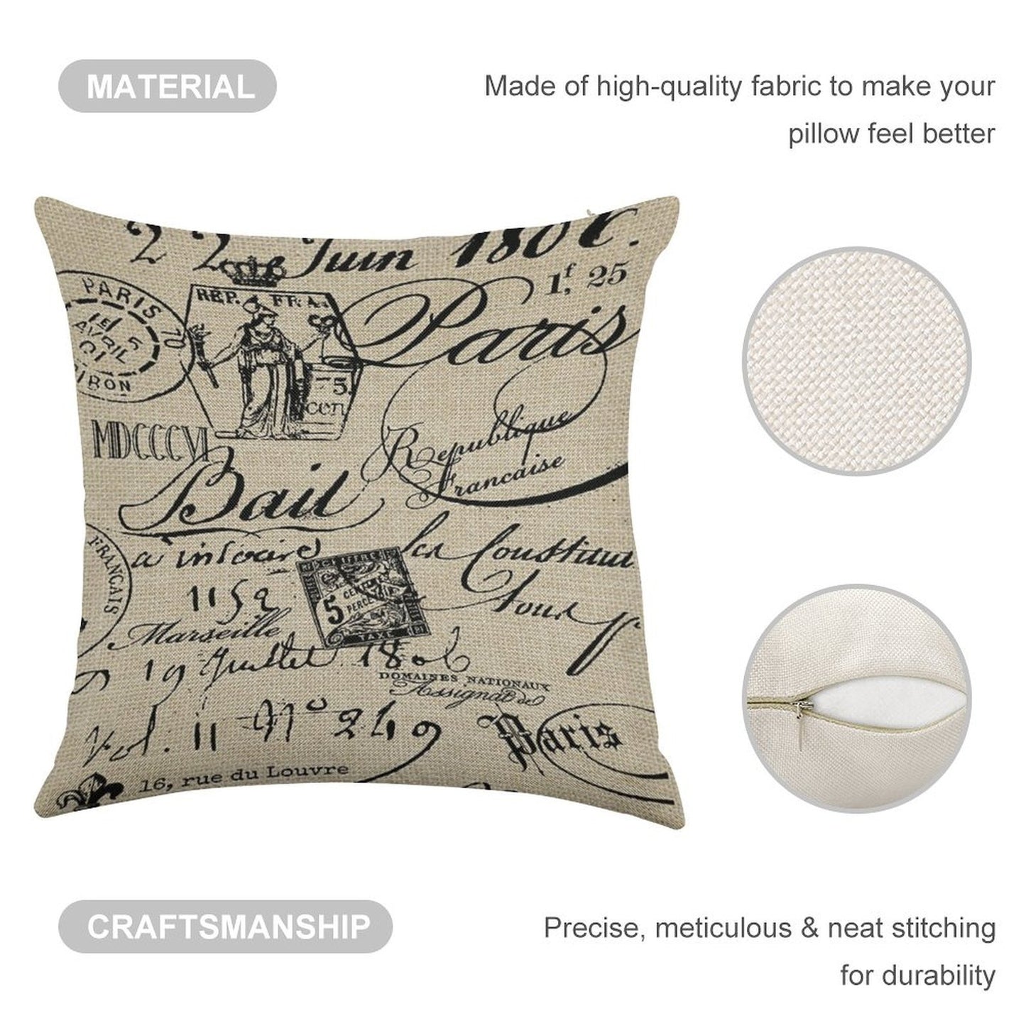 French Script Pillow Linen Throw Pillow Cover