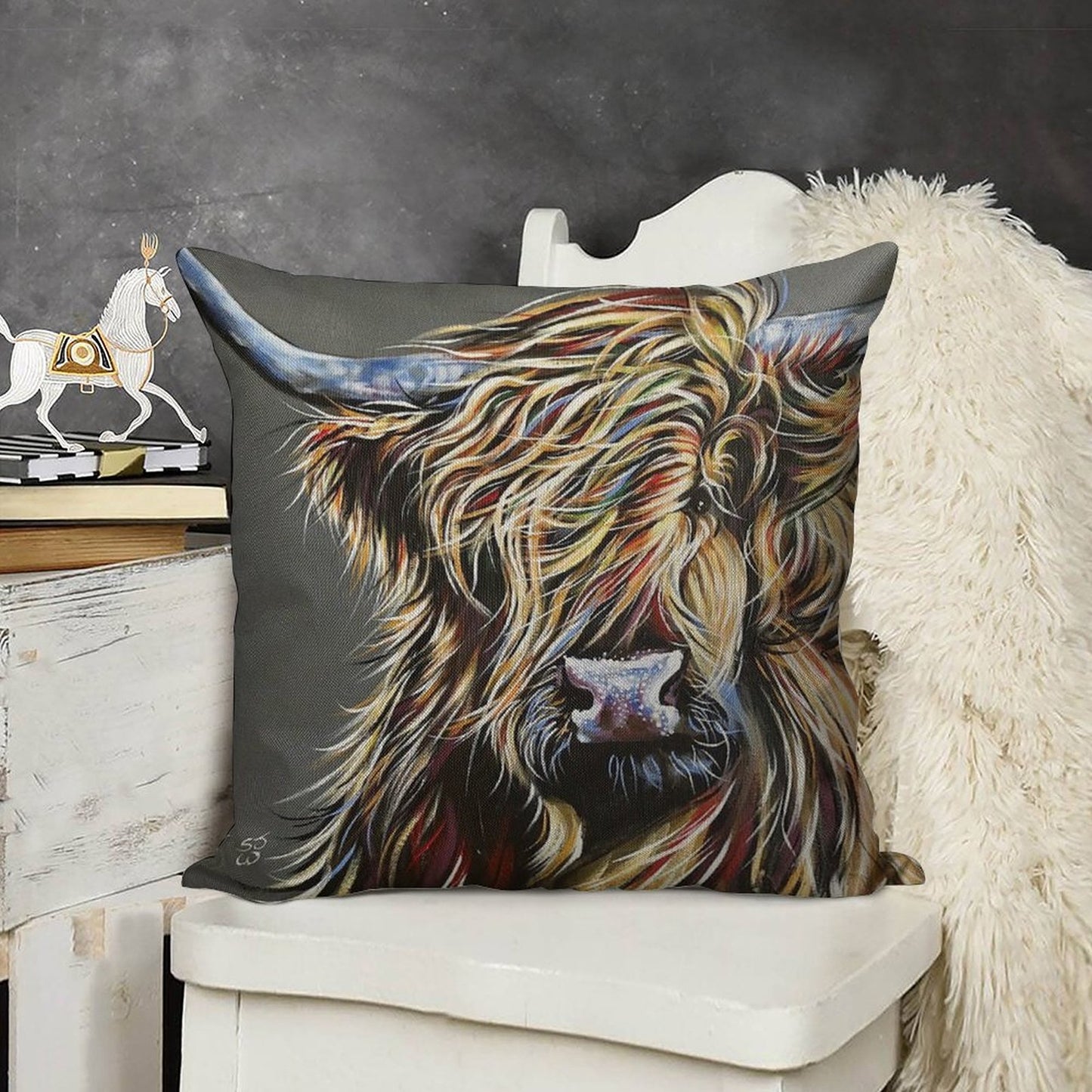 Beau The Colourful Highland Cow Linen Throw Pillow Cover