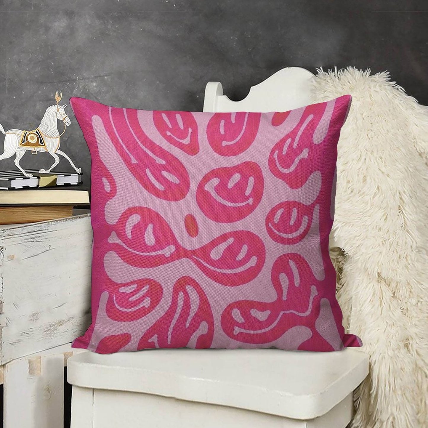 Hot Pink Melted Smiley Face Psychedelic Pattern Linen Throw Pillow Cover