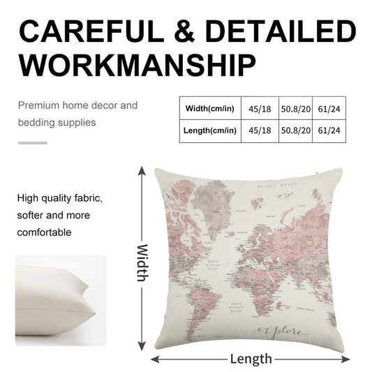 Explore - Dusty Pink And Grey Watercolor World Map, Detailed Linen Throw Pillow Cover