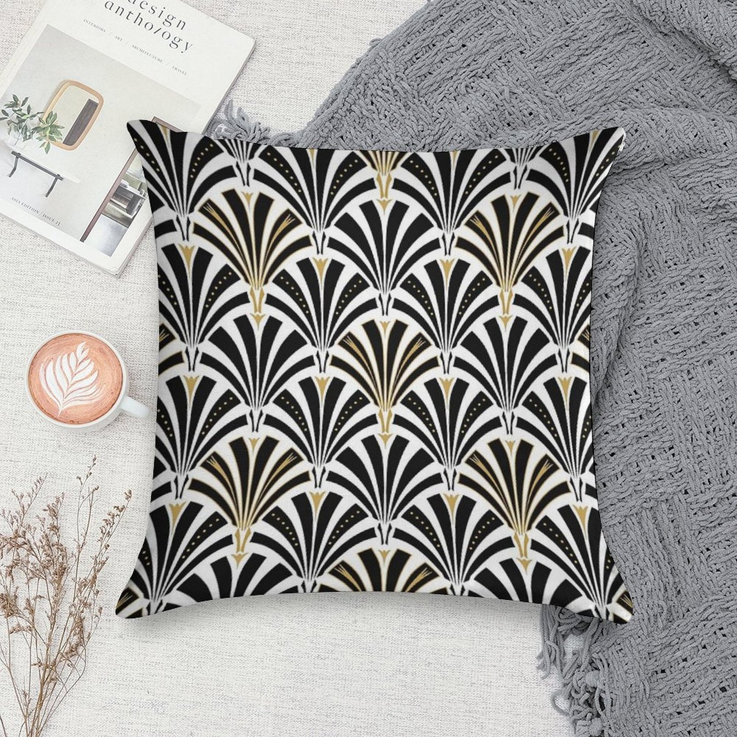 Art Deco Fan Pattern, Black And White Soft Short Plush Fabric Throw Pillow