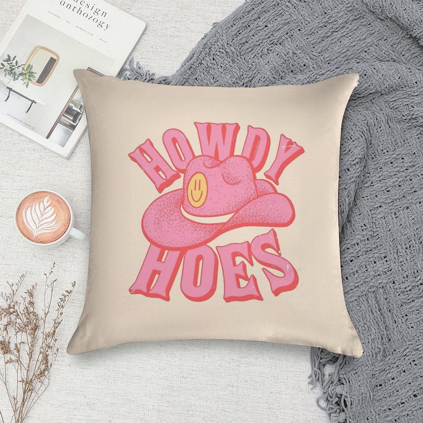 Howdy Hoes  Pink Cowboy Cowgirl Rodeo Hat Preppy Aesthetic  MEME HOWDY Y'ALL  White Background Soft Decorative Cover Throw Pillow